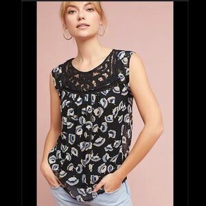 Anthropologie Maeve Jacqueline laced bib blouse black sheer chiffon floral black